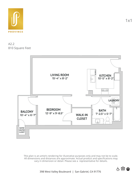 Floor plan for 1 bed, 1 bath, 810 sqft
